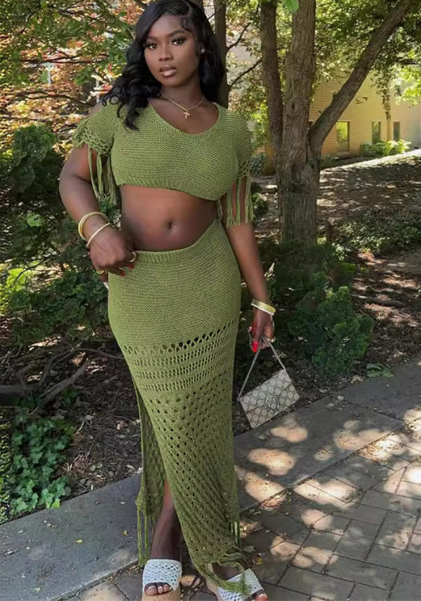 Women Knitting Hollow Tassel Sexy Top and Long Skirt Two-piece Set