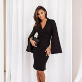 Women Autumn V Neck Slit Long Sleeve Solid Dress
