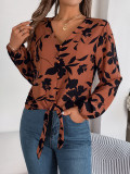 Autumn Winter Casual Contrast Flower Lantern Sleeve Tie Women's Chiffon Top
