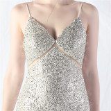Elegant Strap V-Neck Sequined Evening Dress