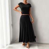 Spring Summer Short-Sleeved Women's Chic Solid Color Two Piece Skirt Set