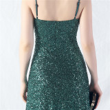 Elegant Strap V-Neck Sequined Evening Dress