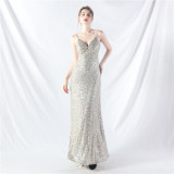 Elegant Strap V-Neck Sequined Evening Dress