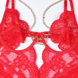 Women's Red Lace Sexy Deep V Metal Chain Hollow Sexy One-Piece Bodysuit Lingerie