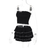 Women's Summer Fashion Sexy Strapless Top Pleated Cake Short Two Piece Set