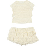 Summer Fashion Chic Sweet Solid Color Hollow Slim Pleated Two Piece Shorts Set For Women