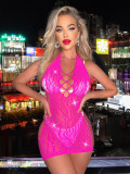 Sexy Hollow Halter Rhinestone Sexy Lingerie Women's Diamond Fishnet Bodycon Dress
