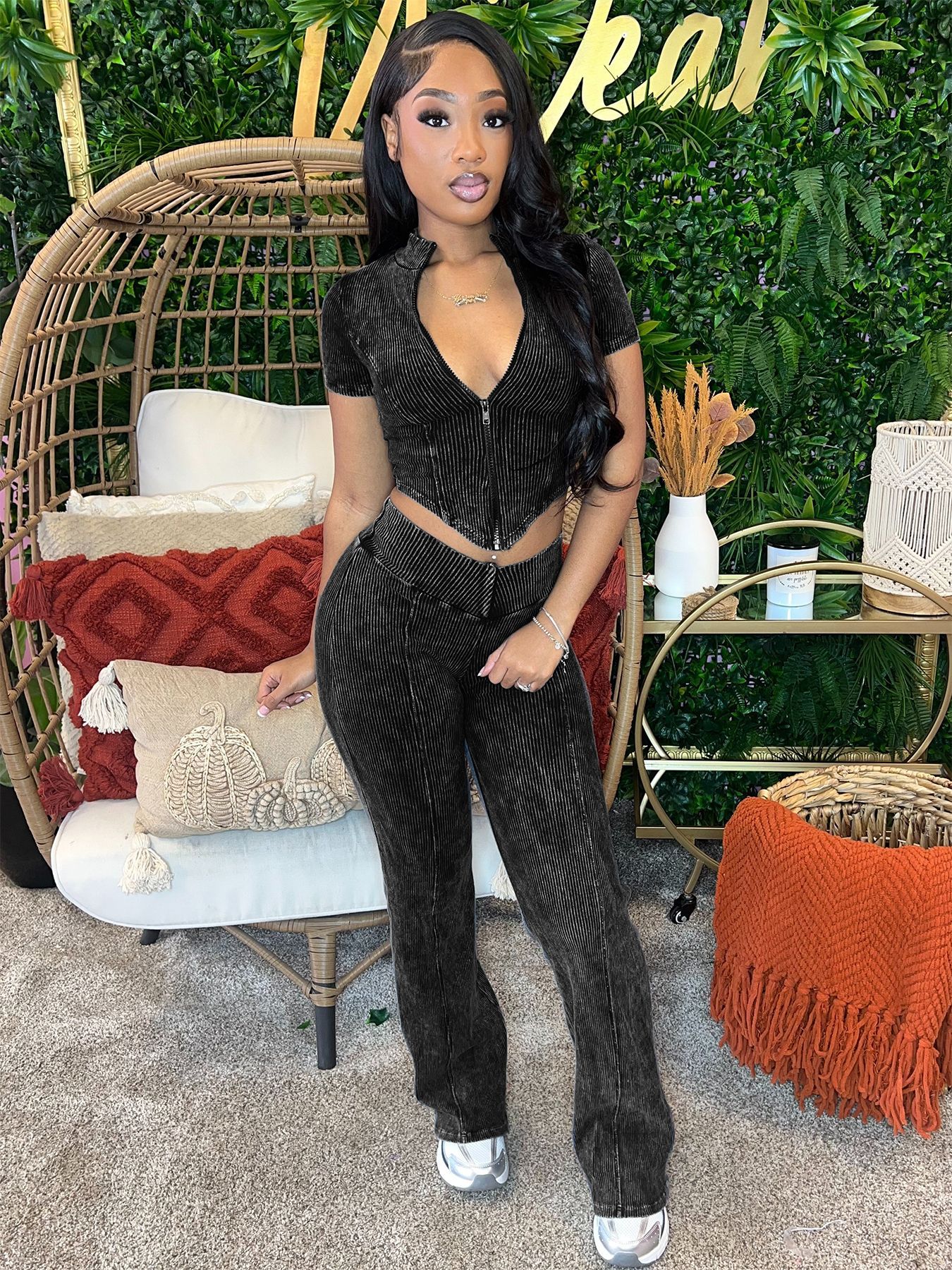 Women's Clothing Ribbed V-Hem Short Sleeve Top Bell Bottom Pants Two Piece Set