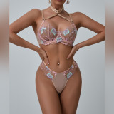 Women Summer Flower Embroidery Sexy Lingerie Two-Piece Set