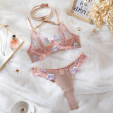 Women Summer Flower Embroidery Sexy Lingerie Two-Piece Set
