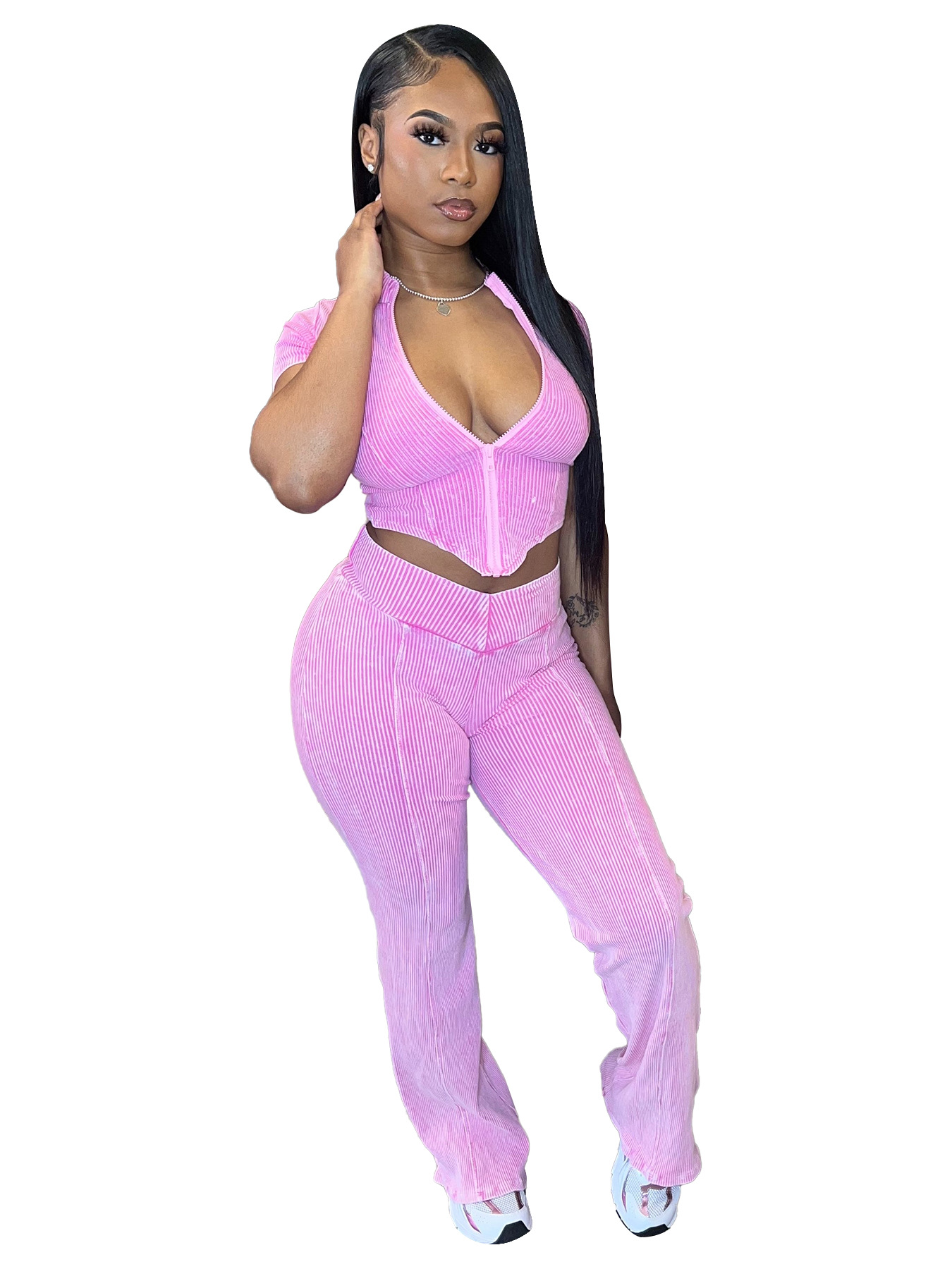 Women's Clothing Ribbed V-Hem Short Sleeve Top Bell Bottom Pants Two Piece Set