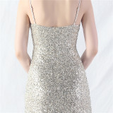 Elegant Strap V-Neck Sequined Evening Dress