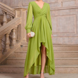 Women Solid V-neck irregular hem long-sleeved dress