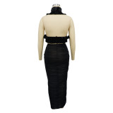 Fashionable Women's Solid Color Sleeveless Ruffled Halter Top Slit Pleated Skirt Two Piece Set
