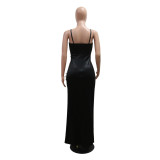 Sexy Solid Color Beaded Strap Irregular Party Dress Women Slit Long Gown