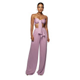 Women's Sexy Solid Color Tie Strapless Top Mid-Waist Wide Leg Pants Fashion Casual Two Piece Set
