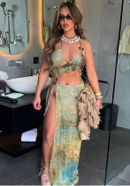 Summer Women's Sexy Hollow Fashion Print Strap Slit Long Dress Summer Women's Sexy Hollow Fashion Print Strap Slit Long Dress