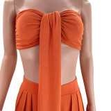 Women's Sexy Solid Color Tie Strapless Top Mid-Waist Wide Leg Pants Fashion Casual Two Piece Set