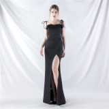 Feather Strap Slim Waist Solid Color Slit Evening Dress