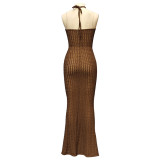 Summer Sexy Halter Neck Low Back Sleeveless Tight Fitting Long Solid Color Knitting Dress For Women