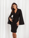 Women Autumn V Neck Slit Long Sleeve Solid Dress