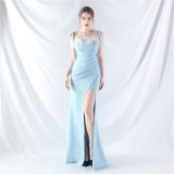 Feather Strap Slim Waist Solid Color Slit Evening Dress