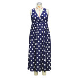 Women's Spring Summer Fashion Blue White Polka Dot V-Neck Slit Plus Size Maxi Dress