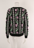 Women Jacquard Branch Round Neck Floral Sweater