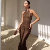 Summer Sexy Halter Neck Low Back Sleeveless Tight Fitting Long Solid Color Knitting Dress For Women