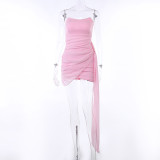 Women sexy Strapless Mesh ribbon party solid dress