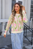 Women Jacquard Branch Round Neck Floral Sweater