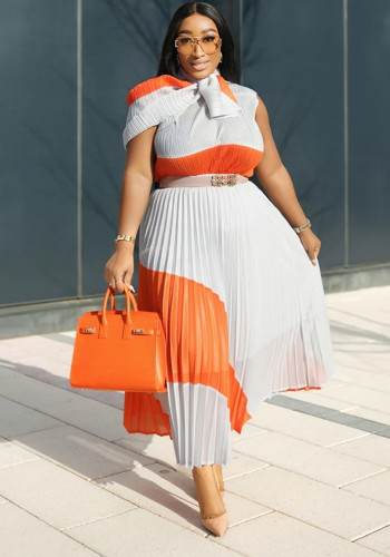 Women's Contrast Color Pleated Fashion Casual Two Piece Skirt Set