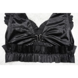 Fashionable Women's Solid Color Sleeveless Ruffled Halter Top Slit Pleated Skirt Two Piece Set