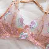 Women Summer Flower Embroidery Sexy Lingerie Two-Piece Set