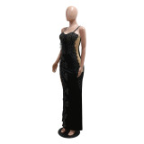 Sexy Solid Color Beaded Strap Irregular Party Dress Women Slit Long Gown