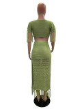 Women Knitting Hollow Tassel Sexy Top and Long Skirt Two-piece Set