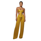 Women's Sexy Solid Color Tie Strapless Top Mid-Waist Wide Leg Pants Fashion Casual Two Piece Set