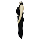 Fashionable Women's Solid Color Sleeveless Ruffled Halter Top Slit Pleated Skirt Two Piece Set