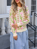Women Jacquard Branch Round Neck Floral Sweater