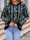 Women Jacquard Branch Round Neck Floral Sweater