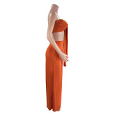 Women's Sexy Solid Color Tie Strapless Top Mid-Waist Wide Leg Pants Fashion Casual Two Piece Set