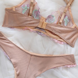 Women Summer Flower Embroidery Sexy Lingerie Two-Piece Set