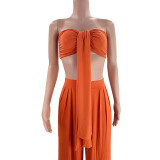 Women's Sexy Solid Color Tie Strapless Top Mid-Waist Wide Leg Pants Fashion Casual Two Piece Set