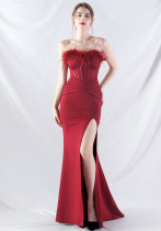 Feather Strapless Herringbone Slim Waist Solid Color Slit Evening Dress