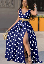 Women's Spring Summer Fashion Blue White Polka Dot V-Neck Slit Plus Size Maxi Dress Women's Spring Summer Fashion Blue White Polka Dot V-Neck Slit Plus Size Maxi Dress