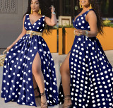 Women's Spring Summer Fashion Blue White Polka Dot V-Neck Slit Plus Size Maxi Dress