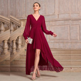 Women Solid V-neck irregular hem long-sleeved dress