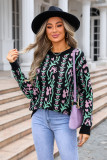 Women Jacquard Branch Round Neck Floral Sweater
