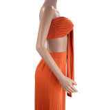 Women's Sexy Solid Color Tie Strapless Top Mid-Waist Wide Leg Pants Fashion Casual Two Piece Set