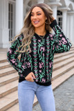 Women Jacquard Branch Round Neck Floral Sweater
